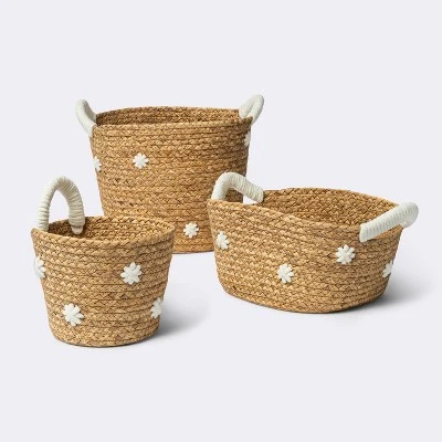 Braided Water Hyacinth With Tufted Embroidery Small Round Storage Basket - Cloud Island™ - Image 3